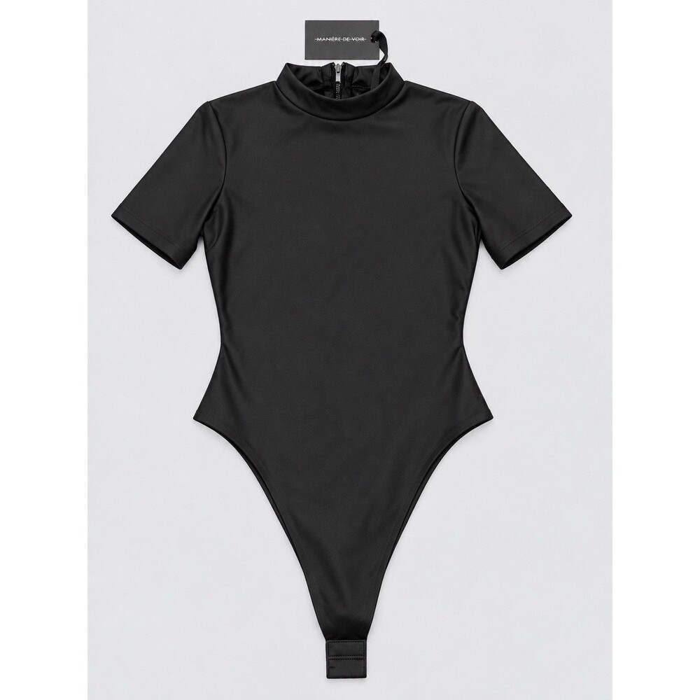Maniere De Voir Black Matte Leather Rubberised Mock Neck Bodysuit US 4 UK 8 NWT